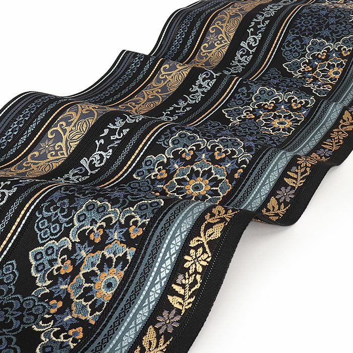 名古屋帯 博多帯 博多織 帯 八寸 松葉仕立て 隆毘間道 黒 縞 華紋 筑前