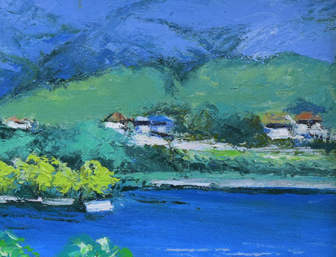 宮倉 靖三「安曇野（木崎湖・長野県）」油絵・F4号 絵画買取・販売の