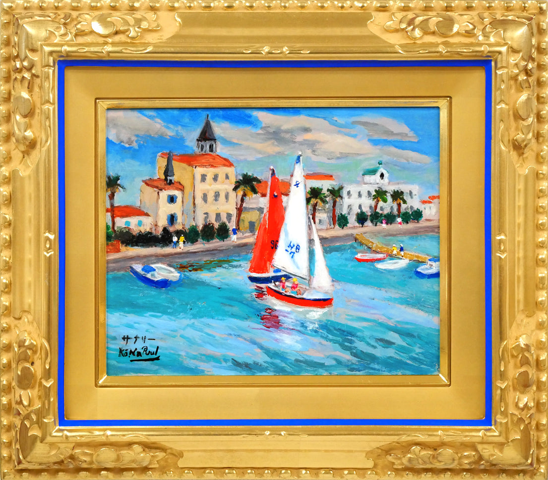 油絵 菅家令子 絵 絵画インテリア額付(青緑＋金色の枠) F4-081114子供