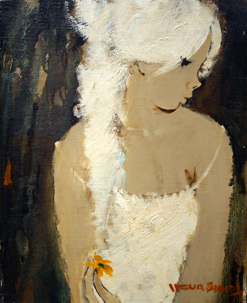 園田郁夫「女性像（白い服）」油絵・F3号 絵画買取・販売の小竹美術