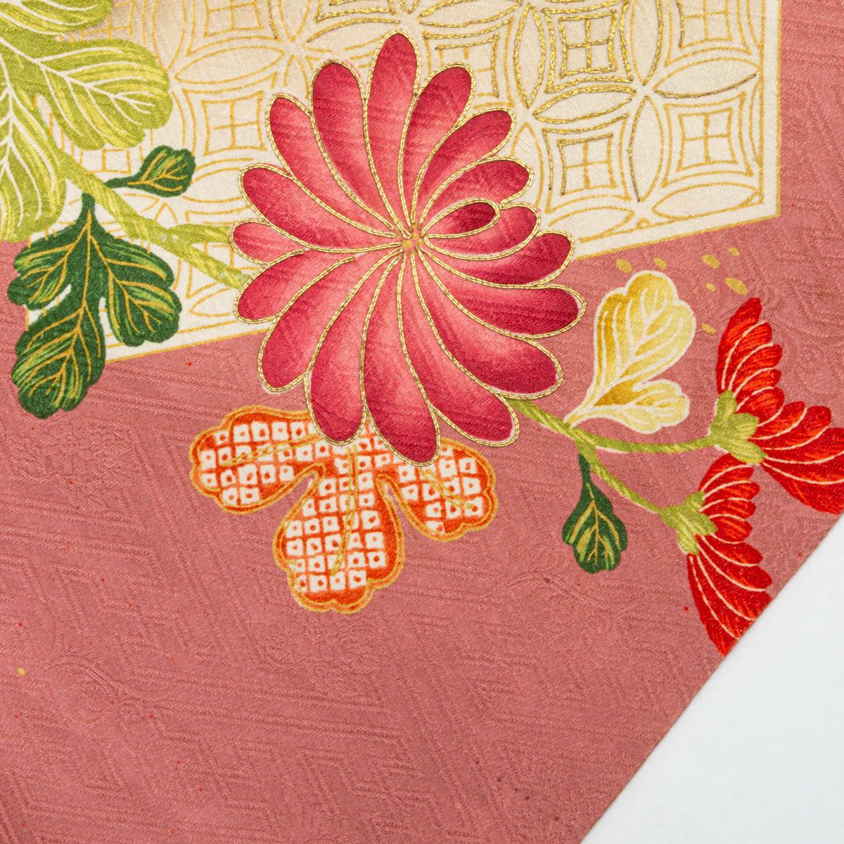 アンティーク】名古屋帯 友禅 金駒銀駒刺繍 菊の花の図 今様色