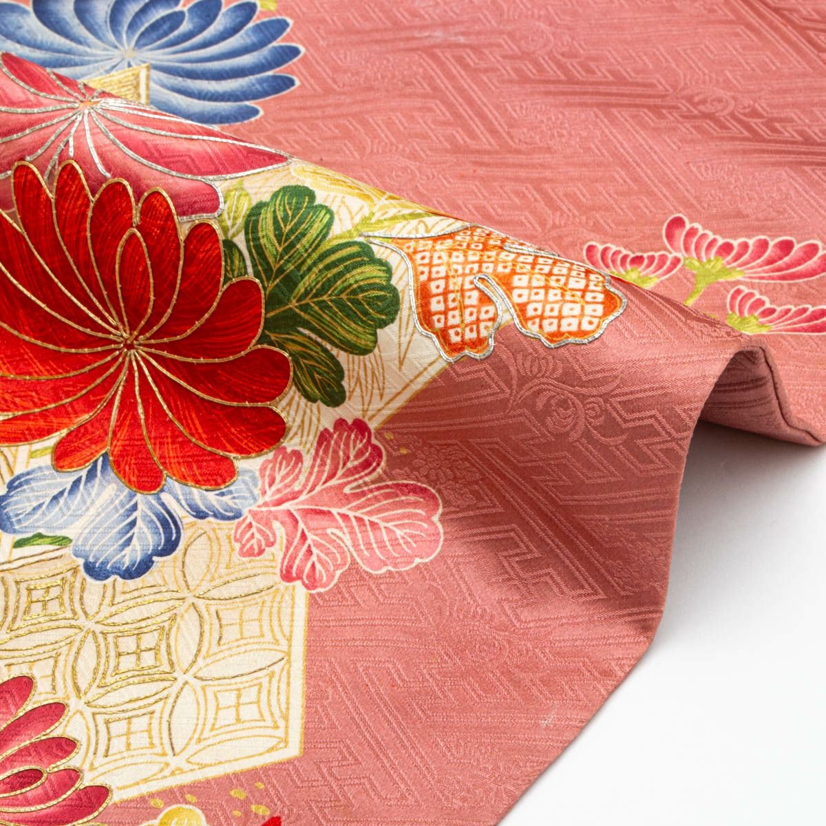 アンティーク】名古屋帯 友禅 金駒銀駒刺繍 菊の花の図 今様色