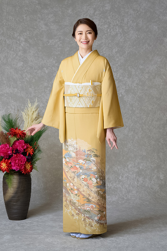 色留袖レンタル フルセット 茶 檜扇秋草に松（五つ紋）｜京都 KIMONO STYLE