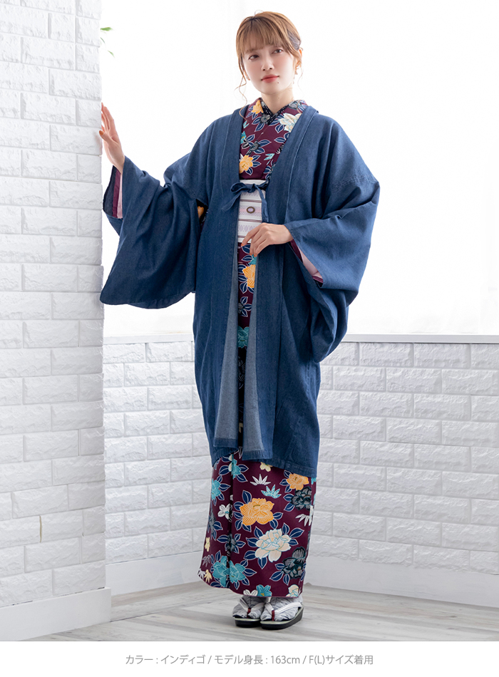 女羽織 デニム) 洗える着物 単衣 羽織 女性 レディース M/L 無地