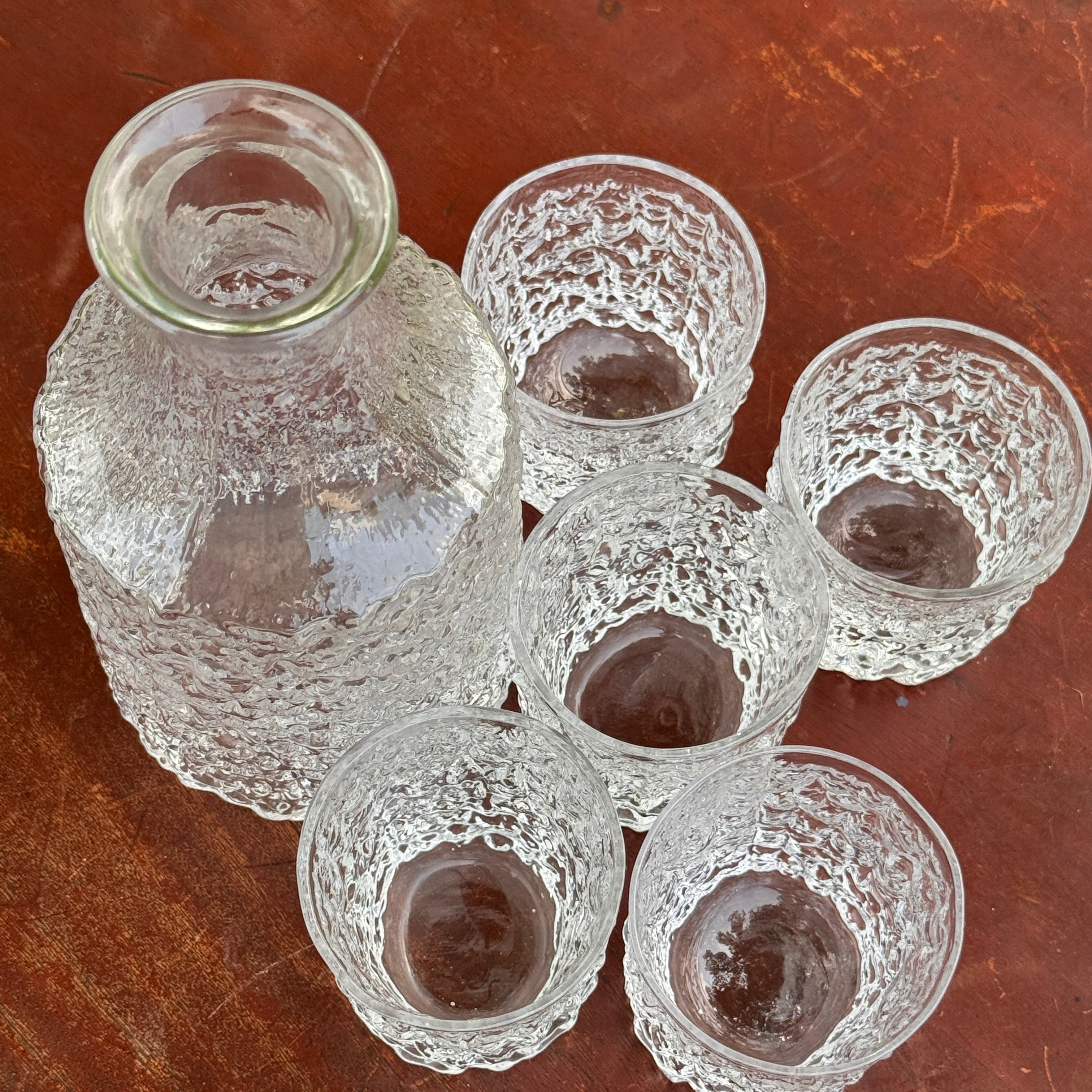 5 Vintage Whitefriars Glacier Whisky Tumblers and Decanter