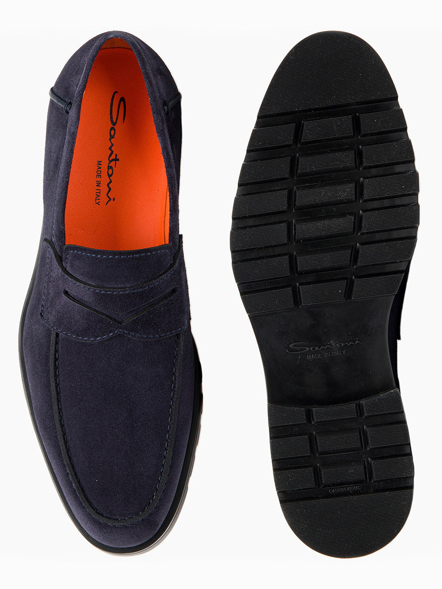 Rock Suede Lug Sole Penny Loafers in Navy | Santoni