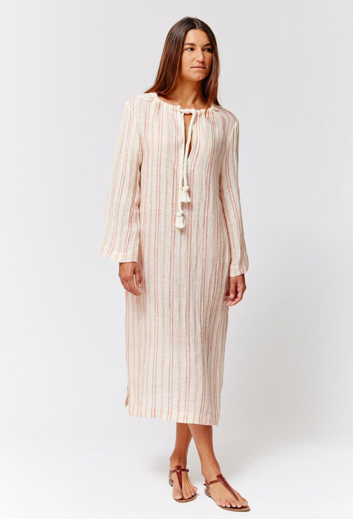 THE DRAWSTRING TUNIC in NATURAL & TOMATO STRIPED CHIOS GAUZE