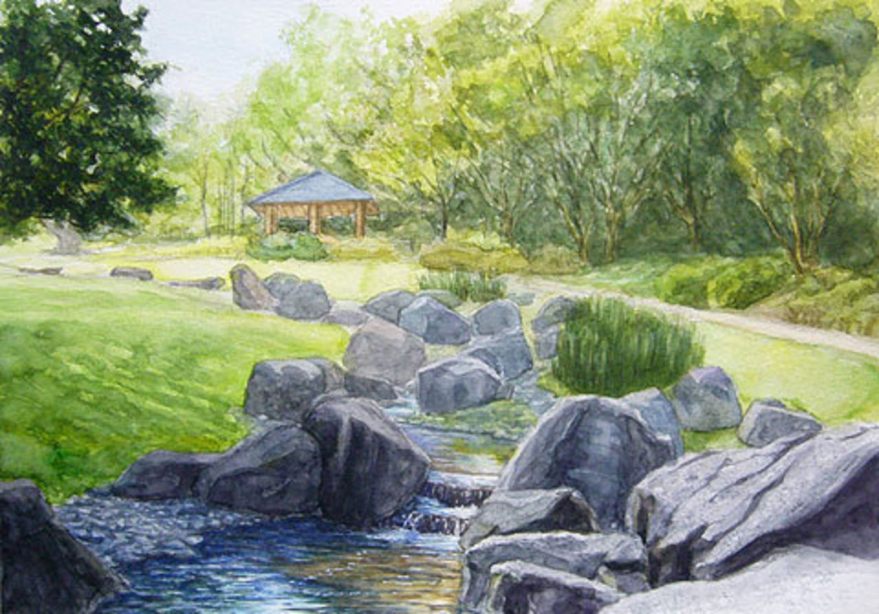 作品紹介] 「新緑の花島公園」透明水彩スケッチ「絵筆と旅して展