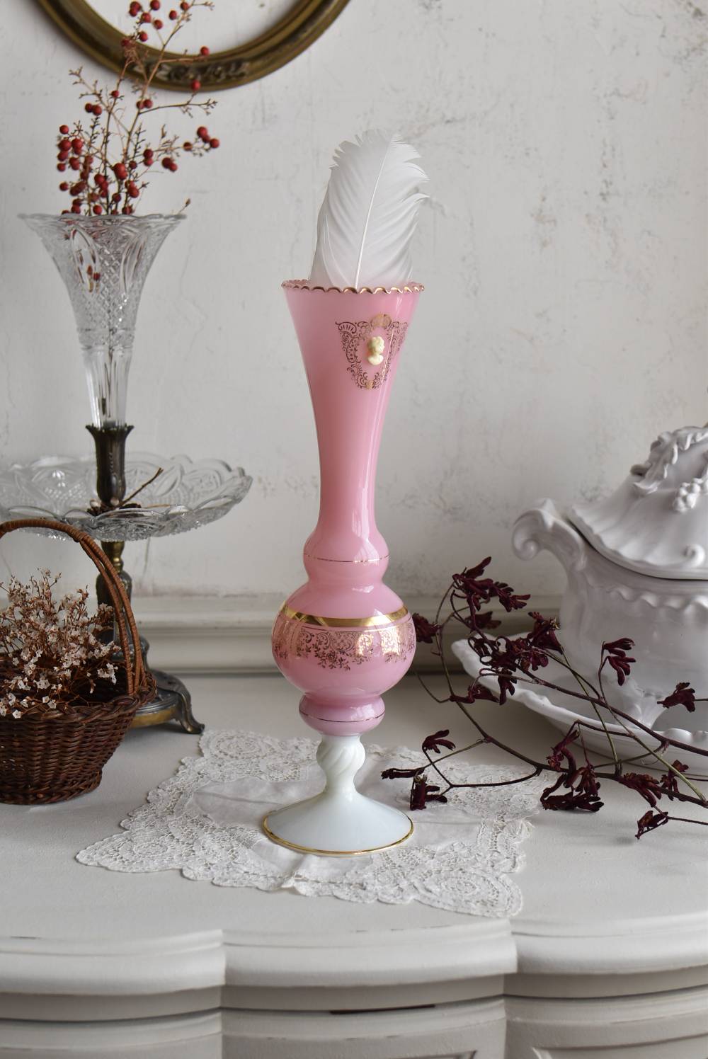 フラワーベース.オパリンガラス2 フランスアンティーク雑貨 花瓶