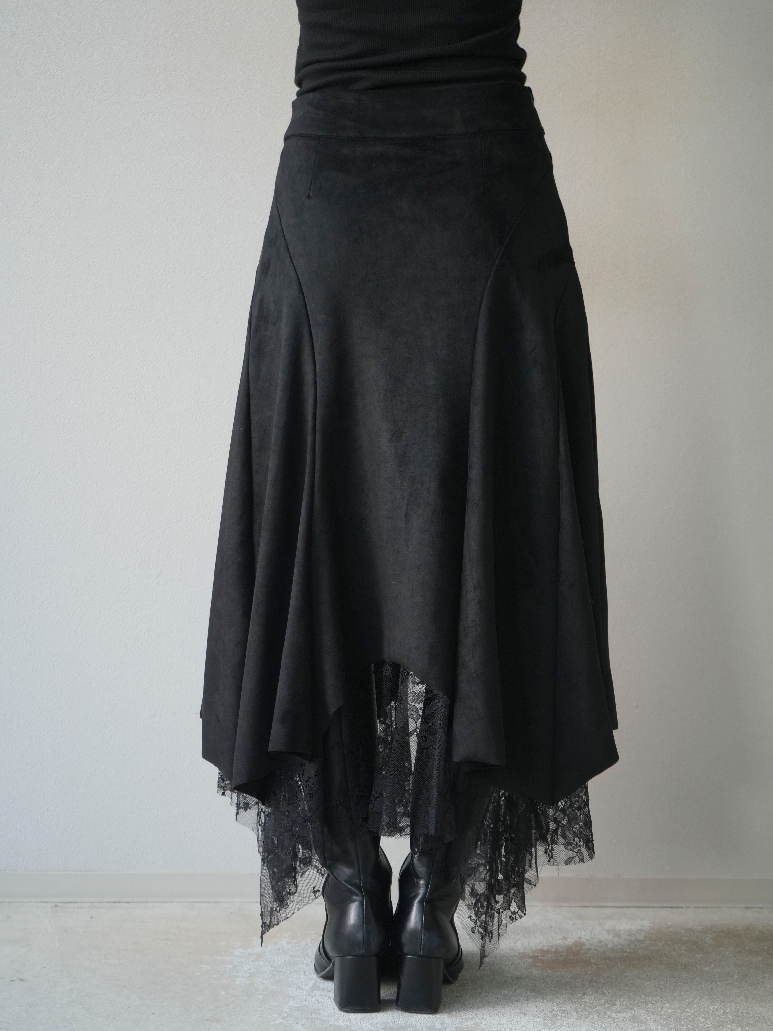 予約]スエード裾レースアシンメトリースカート/black – Lumier