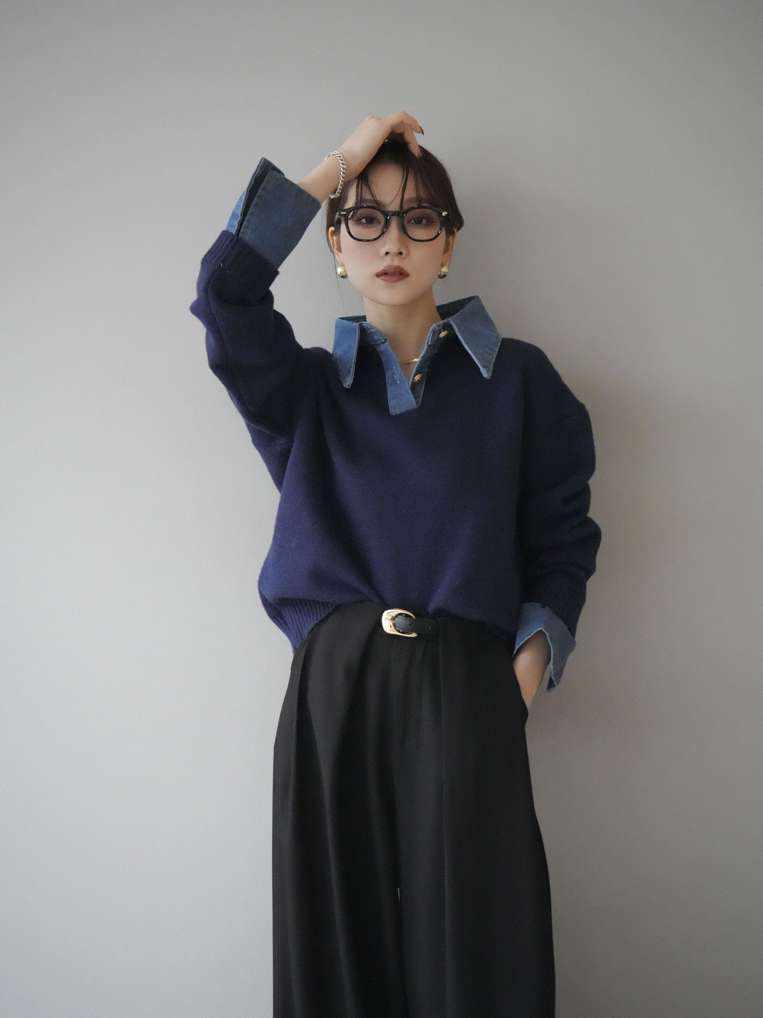 予約]デニム襟ポロニットプルオーバー/navy – Lumier