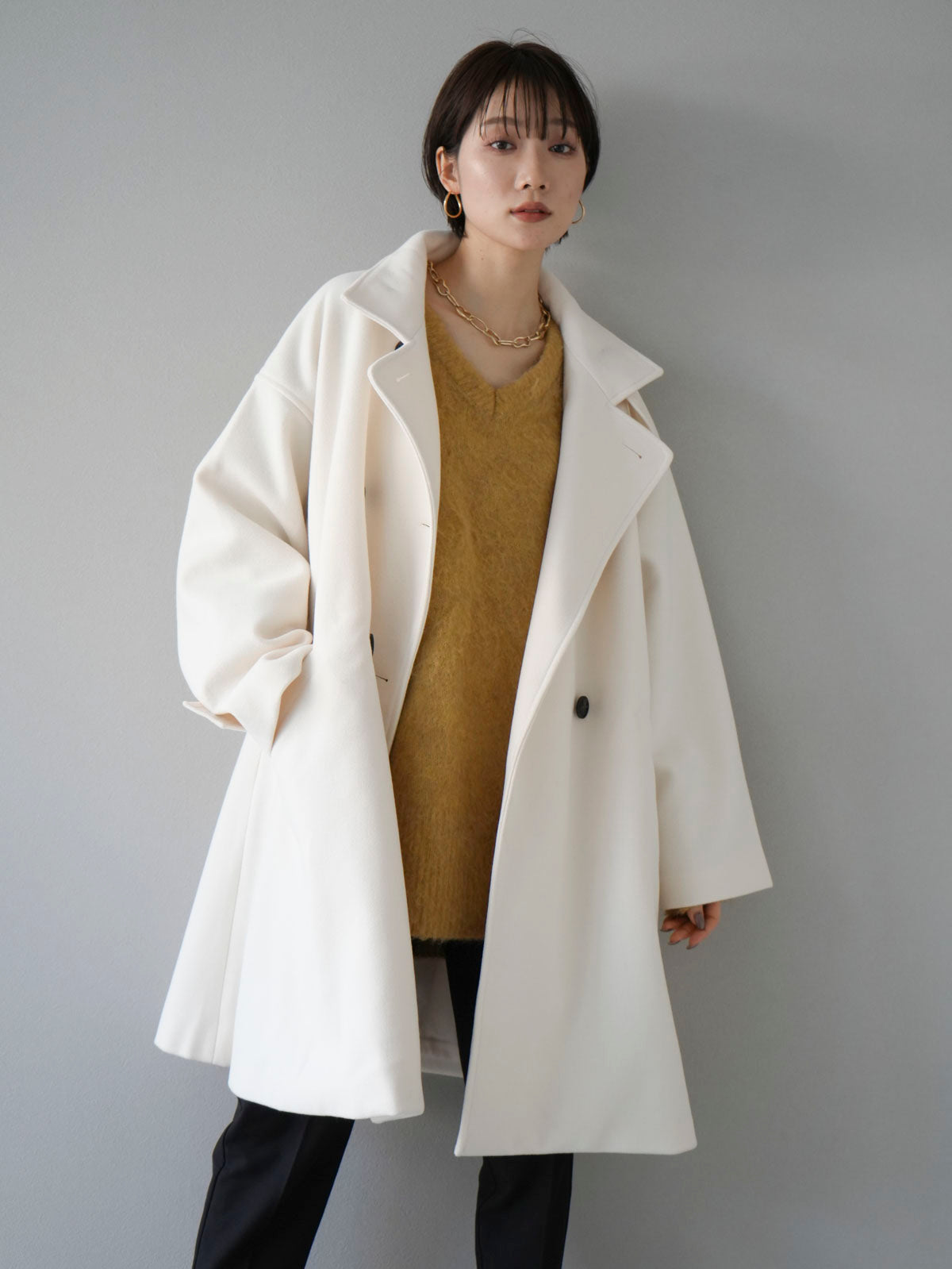 予約]ウールタッチフレアミドルコート/アイボリー – Lumier