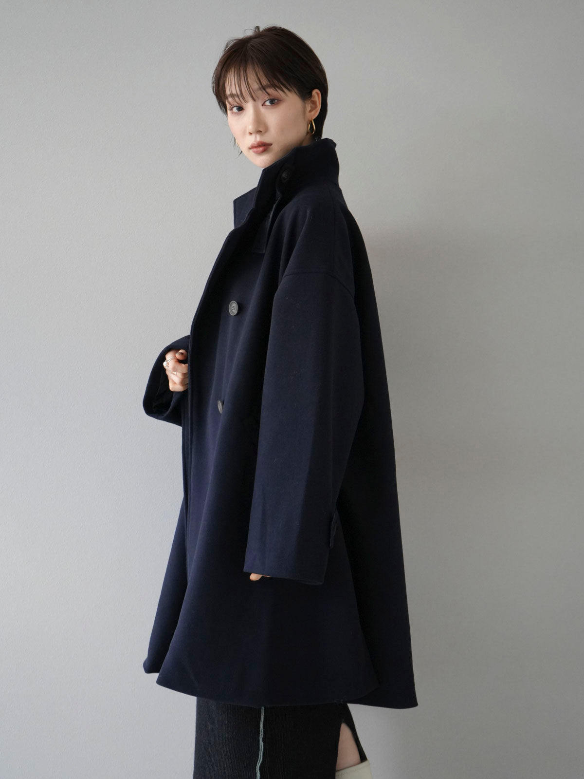 予約]ウールタッチフレアミドルコート/ネイビー – Lumier
