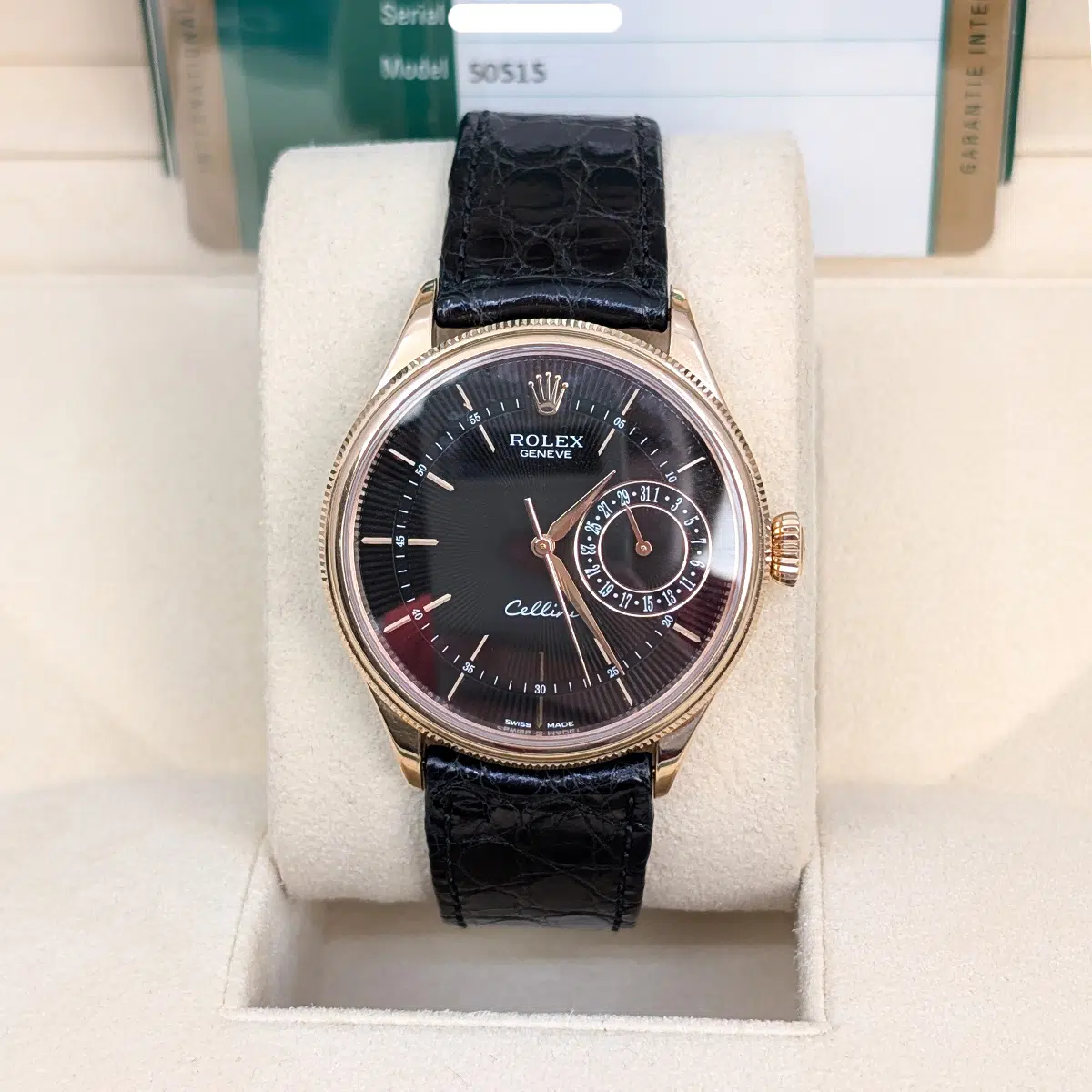 Rolex Cellini Date 50515 Black Dial Leather Strap 39mm Men's Watch