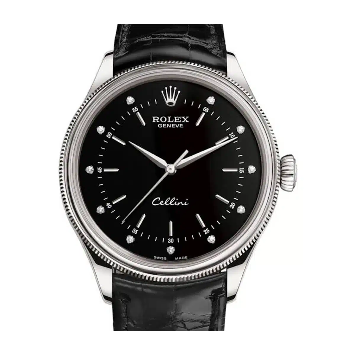 Rolex Cellini 50509 Black Diamond Dial Leather Strap Time 39mm