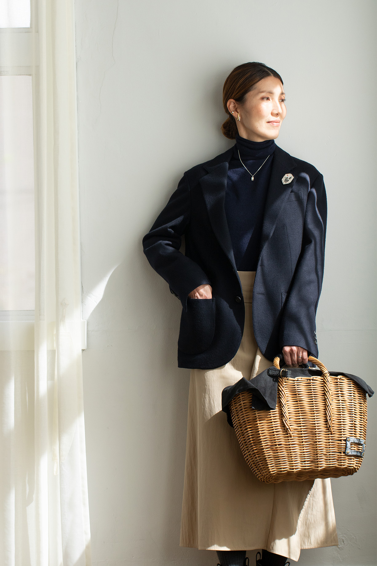 ebagos 「マルシェ」 ブライドルレザー×紅籐（リネン被せ） BLACK