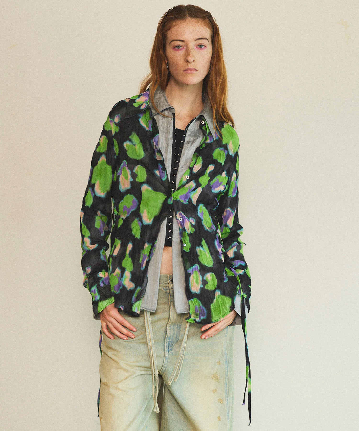 SALE】Floral Pattern Pleated Shirt