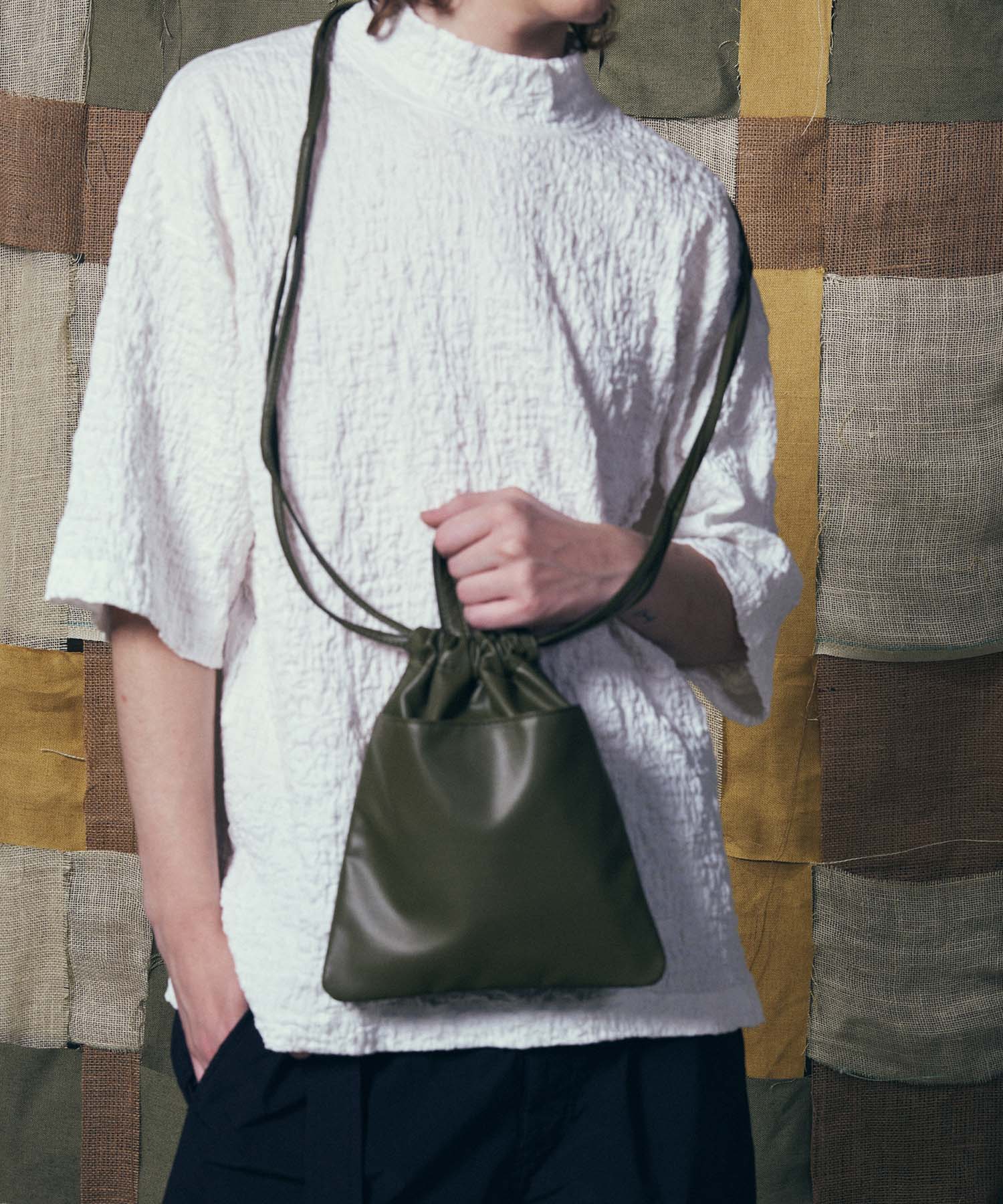 EX】Vegan Leather Shoulder Drawstring Bag