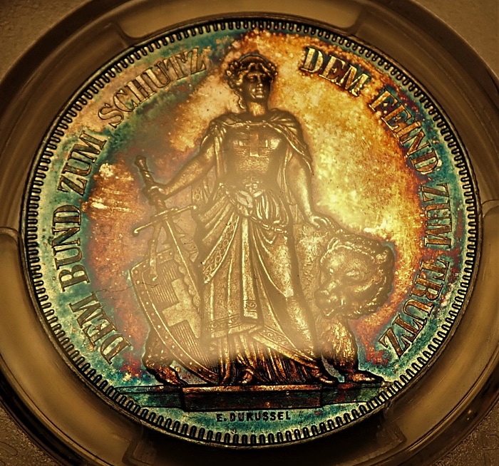 スイス射撃祭5フラン銀貨、1885年ベルン、PCGS-MS65「モンスタートーン