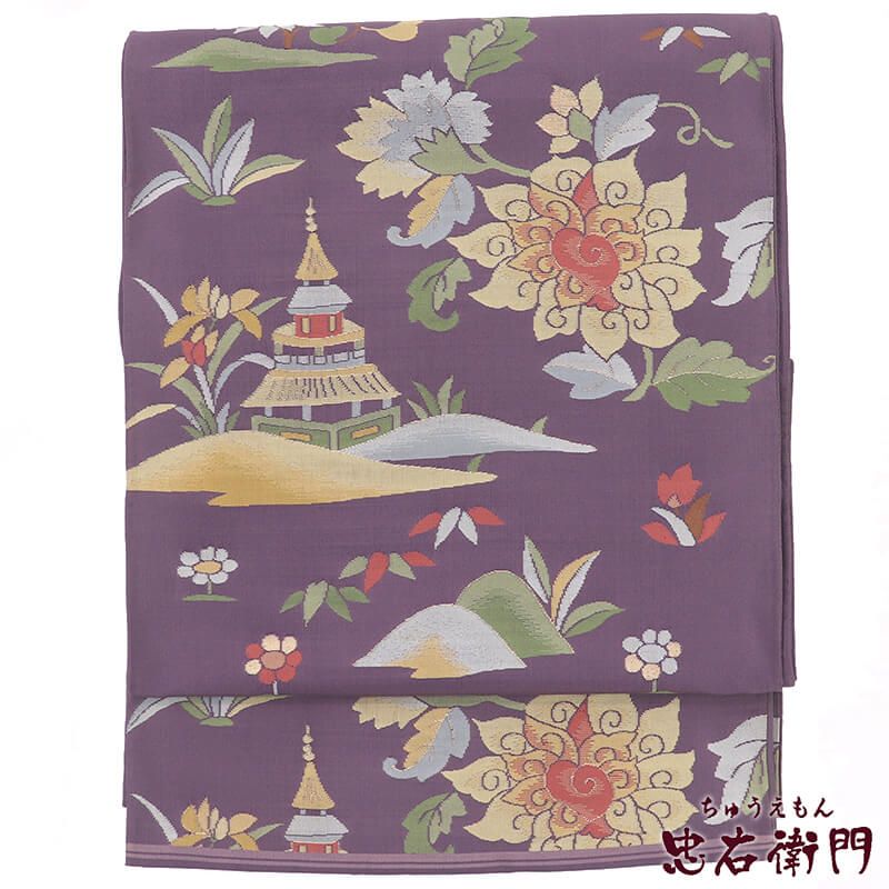 中古】 袋帯 正絹 六通柄 紫 楼閣 風景柄 長さ433cm 幅30.5cm