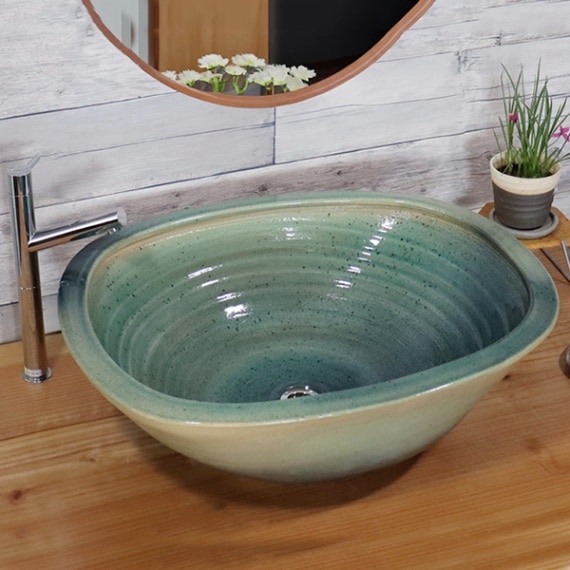 緑斑点角型(特大)手洗い鉢【大型サイズ】信楽焼き手洗器！陶器の洗面