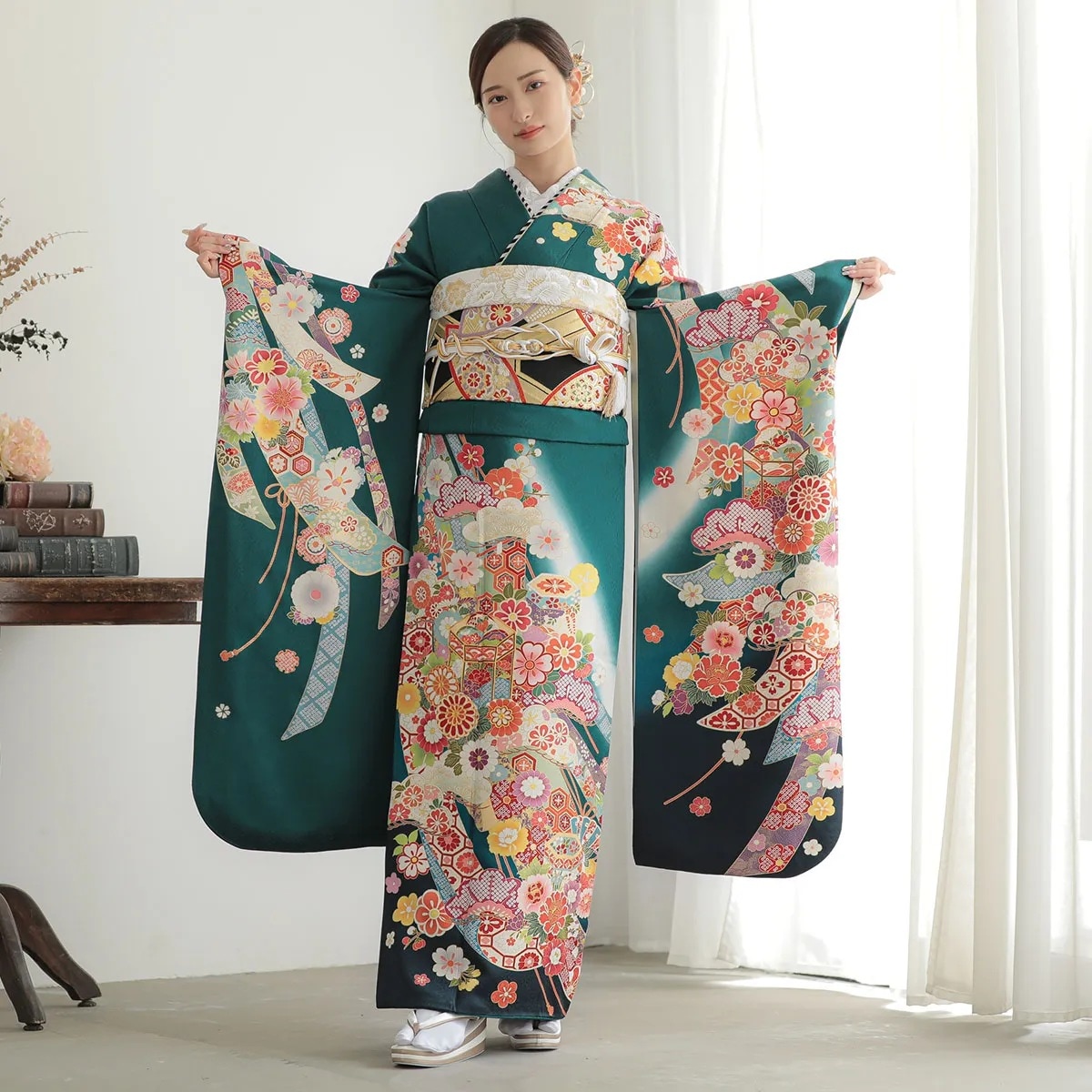 成人式振袖レンタル 緑 貝桶に花☆(絹) | RENTAL,振袖（12月・1月