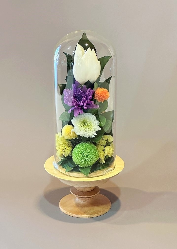 プリザーブドフラワー仏花 ガラスドーム大 蓮（全高27cm） | お供え花