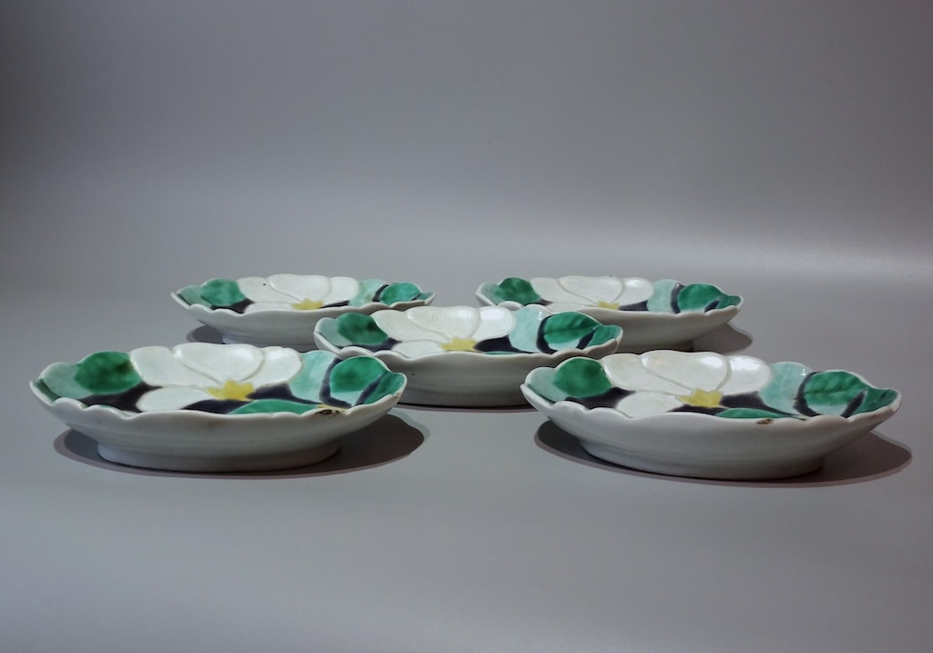 B389b 「椿図皿 5枚」九谷焼 金城製 春日山窯 青木木米 陶器 金沢