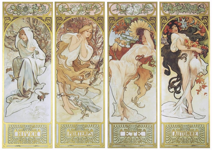 大判 Alphonse Mucha ガラス絵の冬 - 四季 絨毯 額入アート Winter by