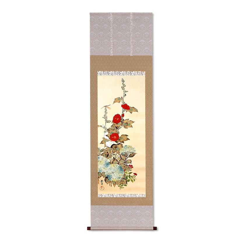 酒井抱一 「十二か月花鳥図」 六月 「立葵紫陽花に蜻蛉図」 複製掛軸