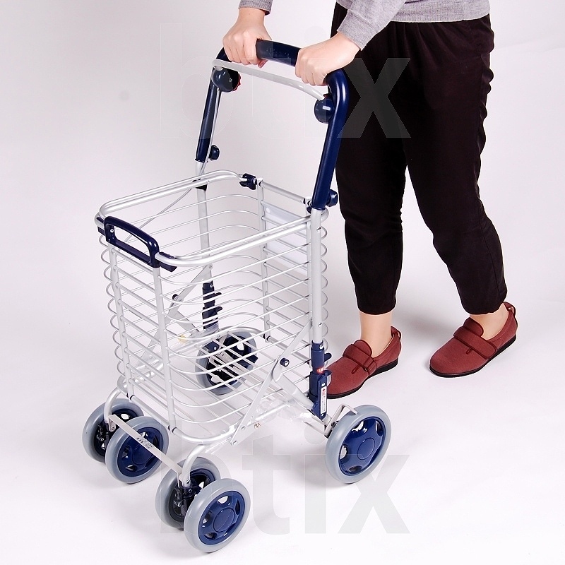 超売れ筋】ブレーキ付きアルミワイヤーカート メッシュ紺 ｜ シルバー