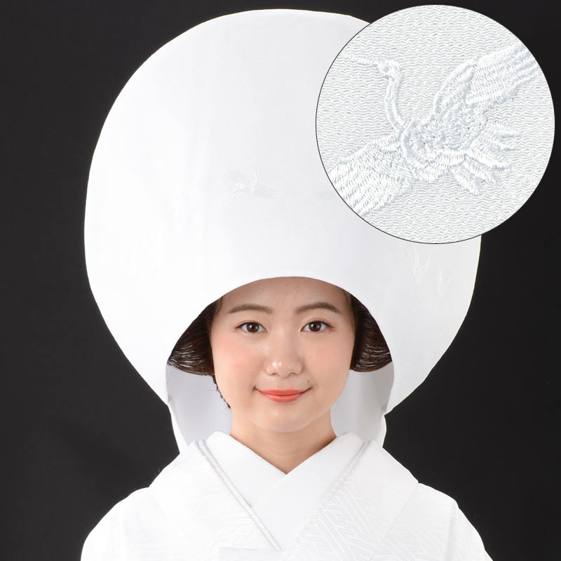 婚礼 花嫁 綿帽子 日本髪かつら用 ちりめん 白 鶴刺繍 中国製 | 大人