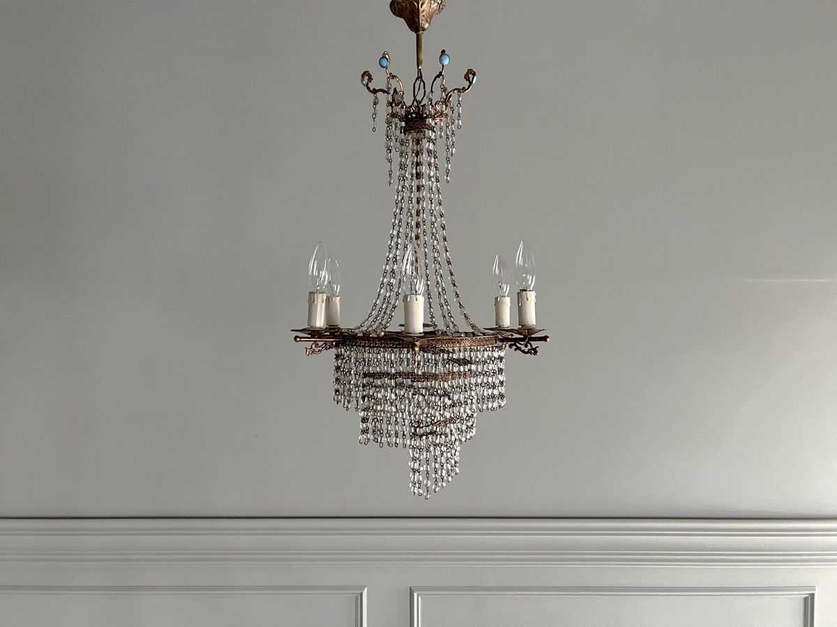 フレンチ アンティーク ターコイズ＆ビーズシャンデリア 6灯 6668