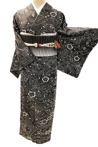 正絹訪問着 レンタルフルセット「総柄汕頭刺繍 辻が花に四季の花