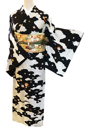 正絹訪問着 レンタルフルセット「総柄刺繍 雲取り鹿の子に宝尽くし