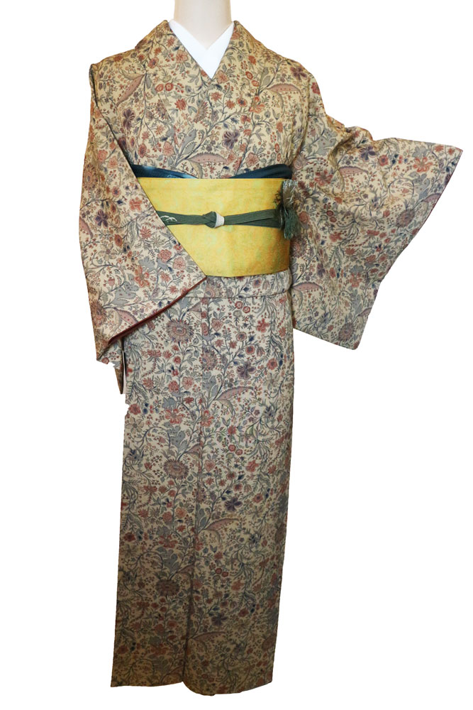 正絹小紋レンタルフルセット「更紗総柄」 | レンタル着物,おしゃれ着物
