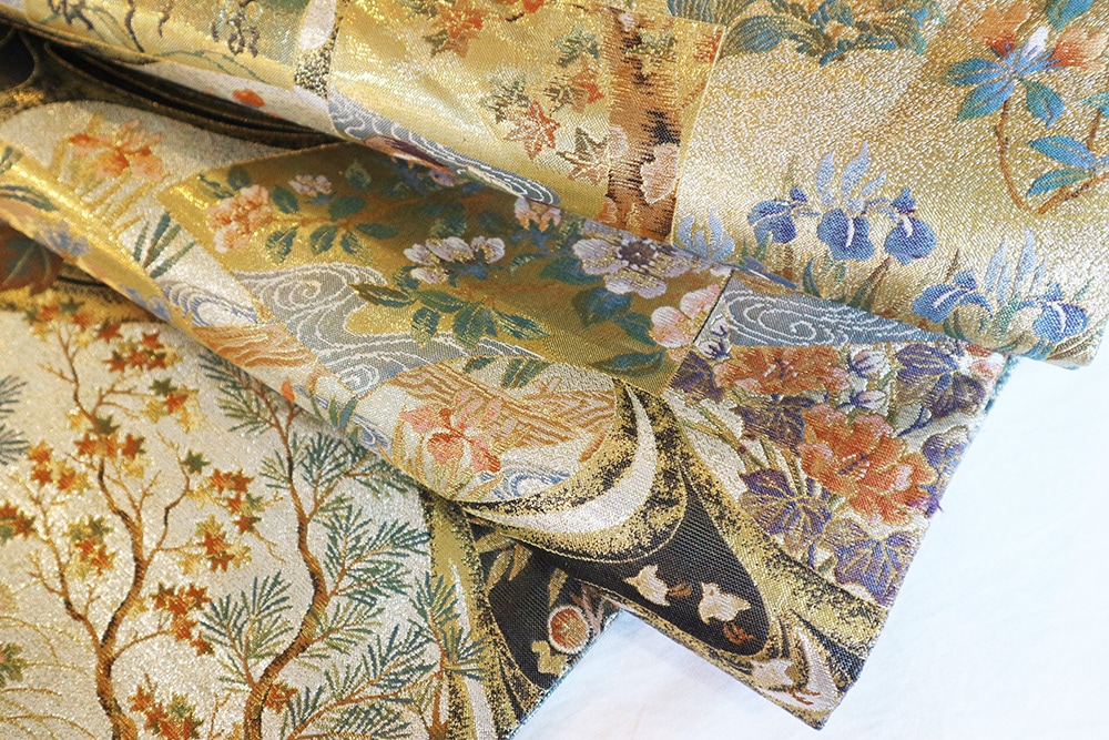 厳選仕立上がり商品 西陣あさぎ謹製袋帯「金箔プラチナ 両面琳派流水