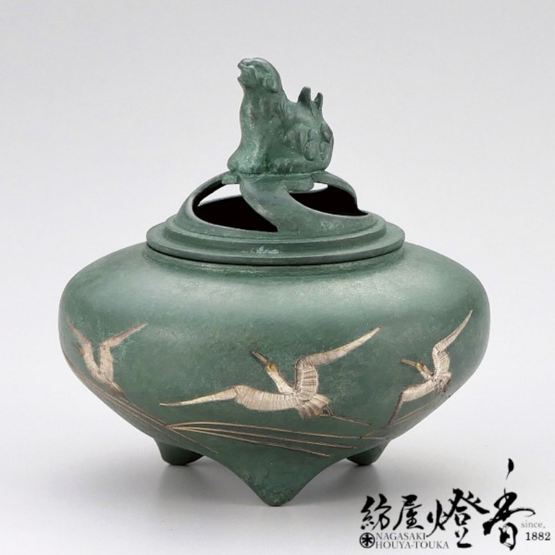 香炉/香器『高岡銅器【平型香炉波鶴/焼青銅色】銅製・能作吉秀作[空
