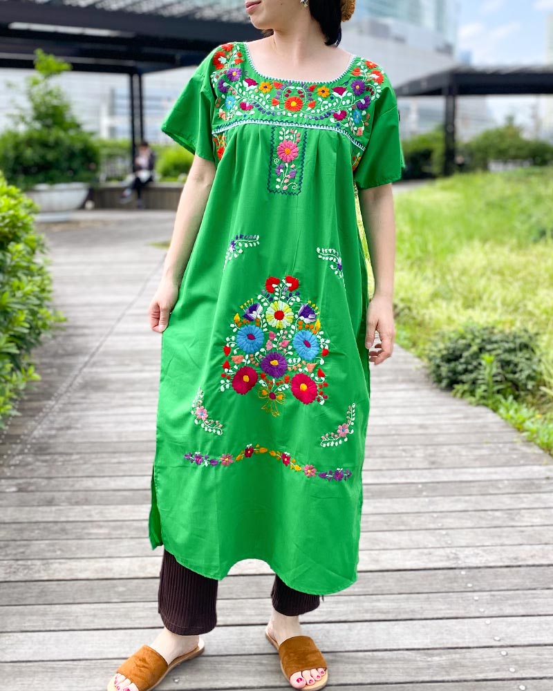 tesoro / メキシコ刺繍ワンピース / グリーン×カラフル｜テソロ(tesoro