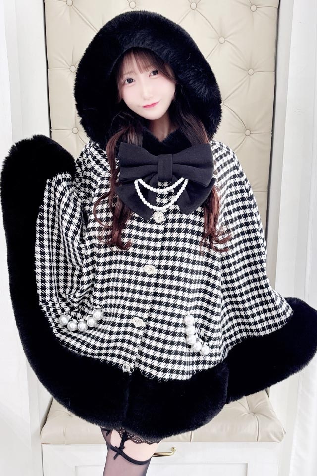 Princess Melody】リボン付きボリュームファーフードケープコート