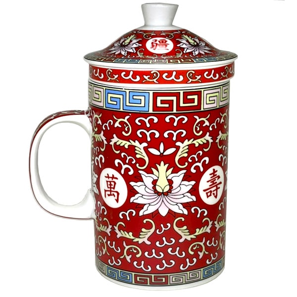 景徳鎮茶漉し付きマグカップ萬壽・赤｜食器,中国,茶器,テーブルウェア