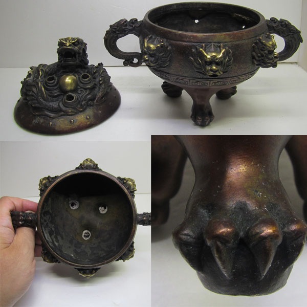 銅製龍香炉 大 取っ手付き【送料無料】（沖縄700円）｜ ドラゴン,竜,龍