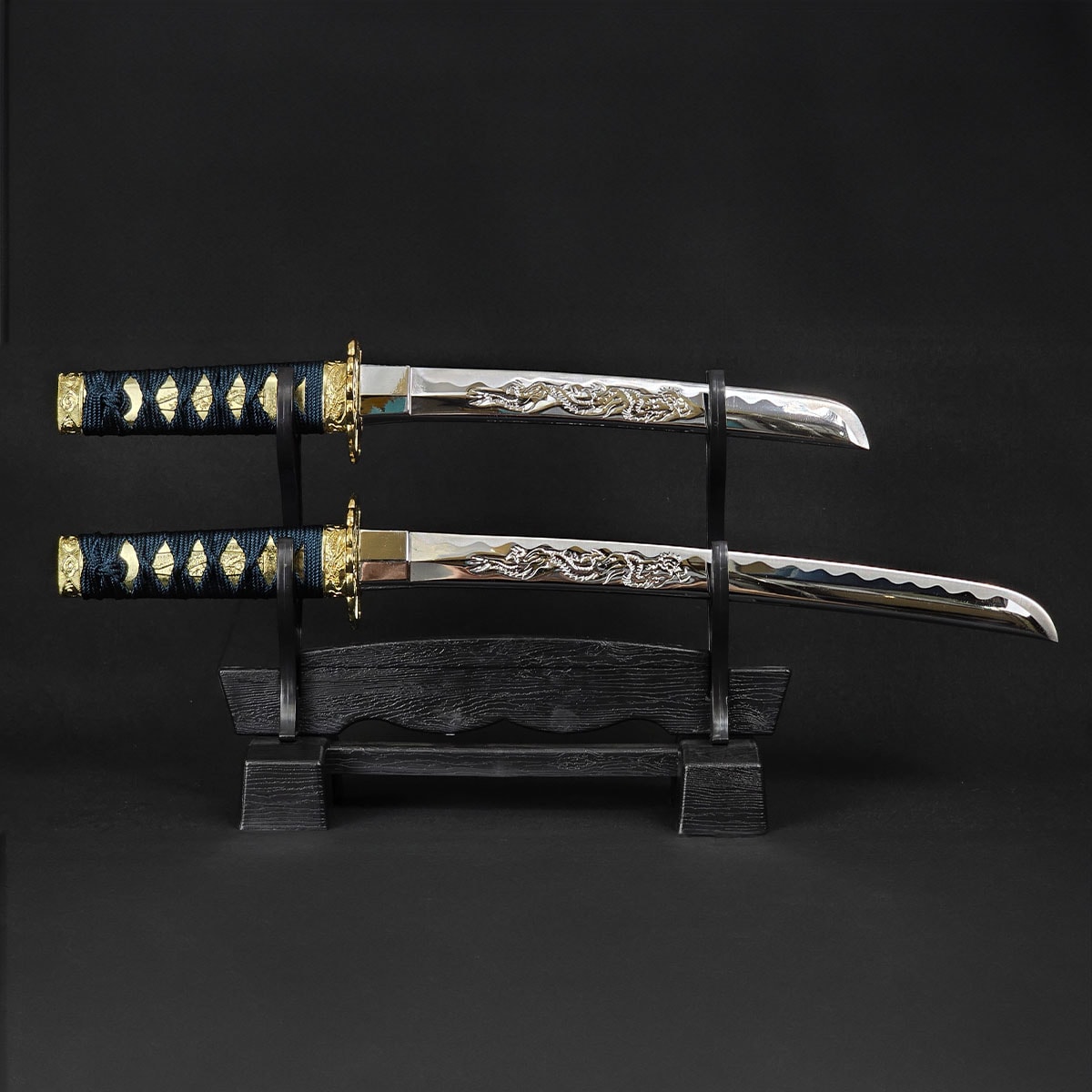 ミニミニ竜3点セット 彫金 紺 刀掛台付 刀身竜彫 模造刀｜【公式