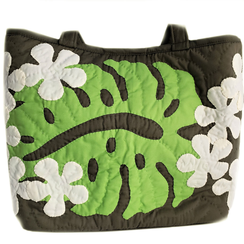 ハワイアンキルト ハンドバッグ モンステラ×プルメリア グリーン