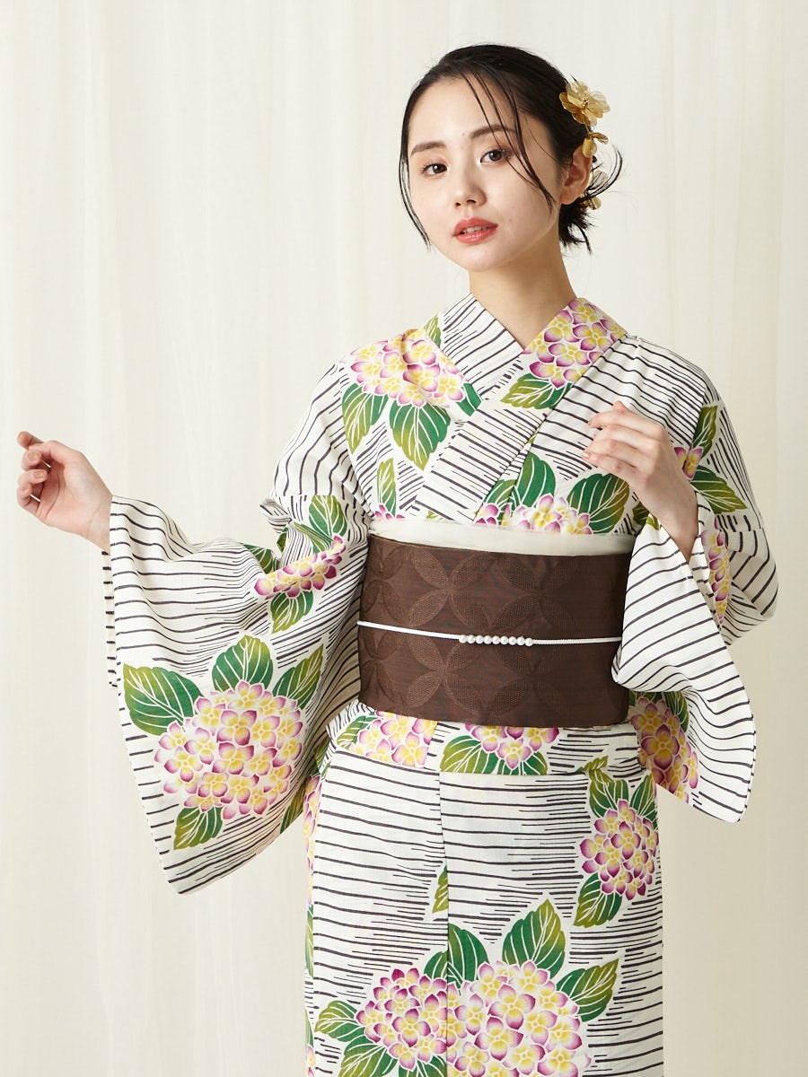 残りわずか】浴衣単品「あじさいボーダー」～Natural Furifu