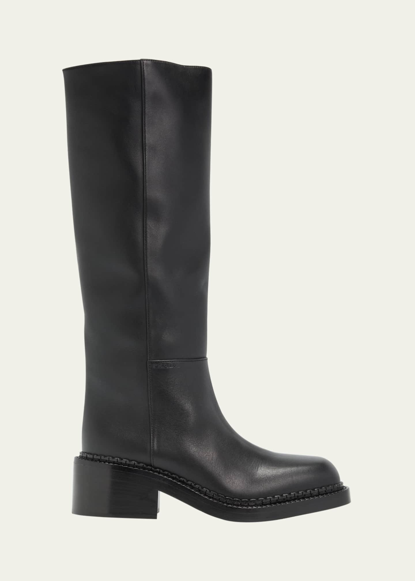 Prada Leather Square-Toe Tall Moto Boots - Bergdorf Goodman