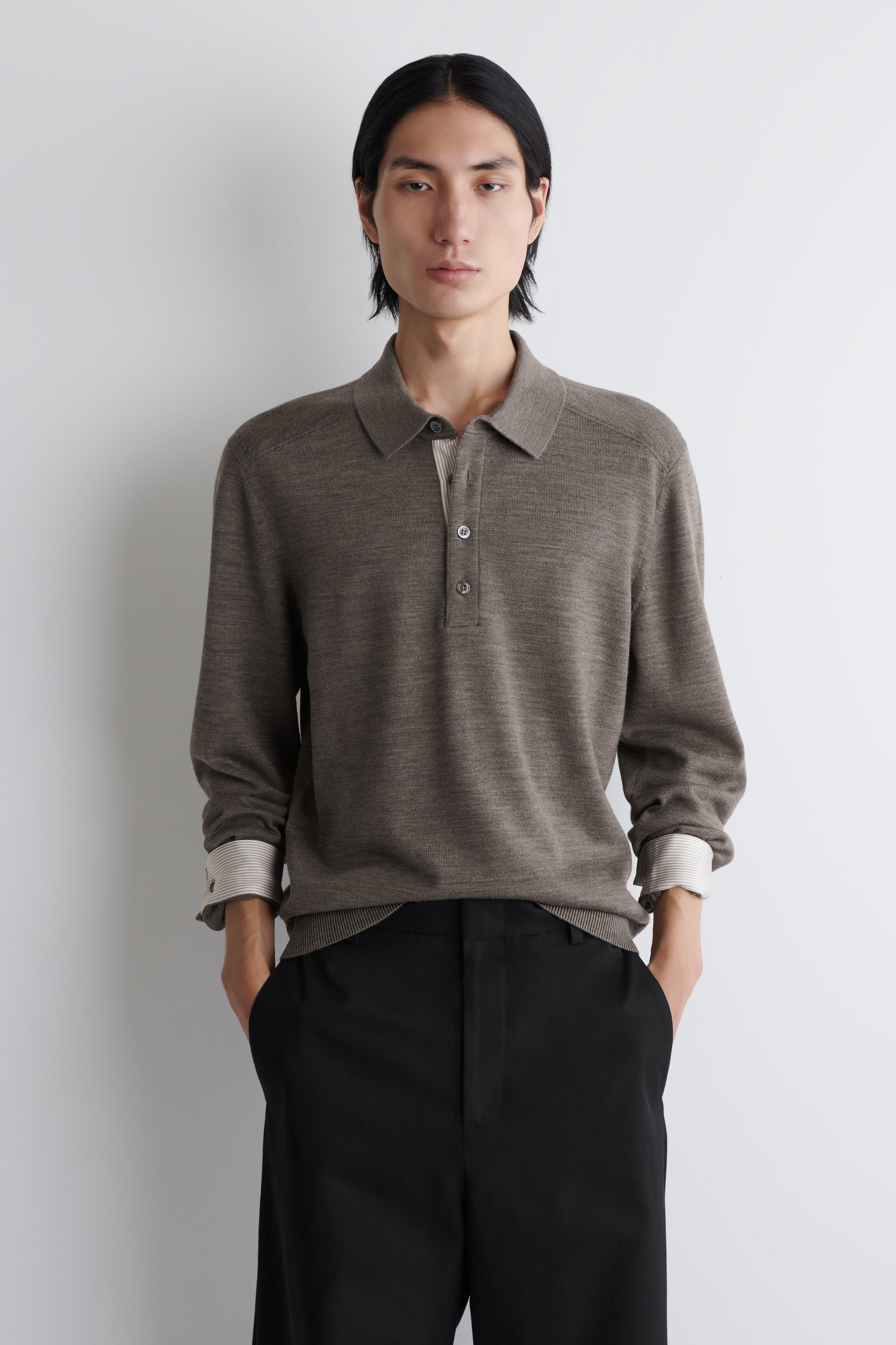 KNITTED MERINO WOOL POLO SHIRT - BEIGE MÉLANGE | COS
