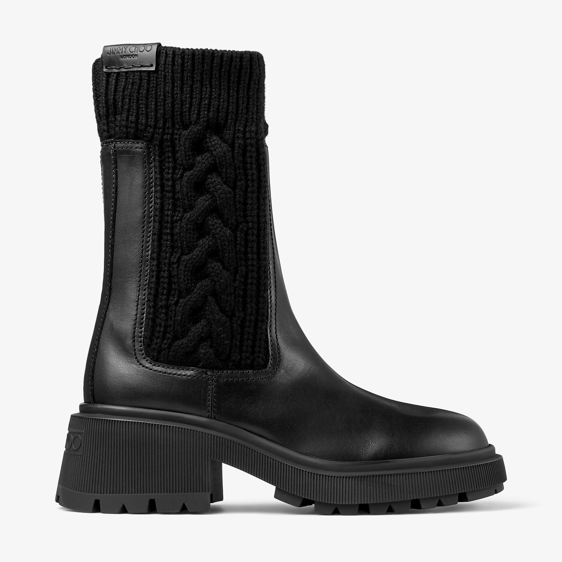 Tamia Flat | Black Shiny Calf Leather Ankle Boots with Cable Knit