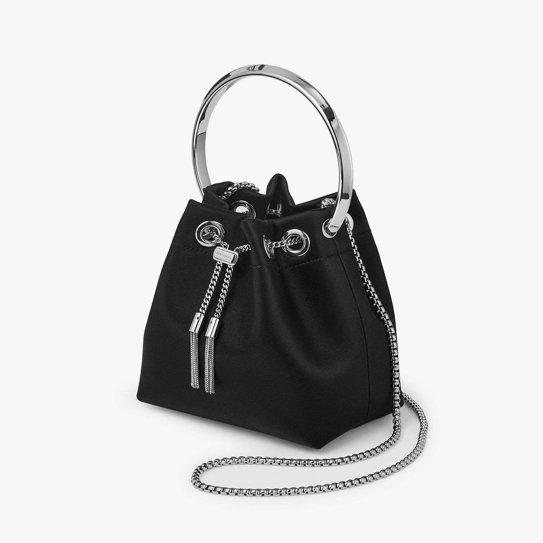 ボン ボン | ブラック サテン・メタルハンドル付き ハンドバッグ