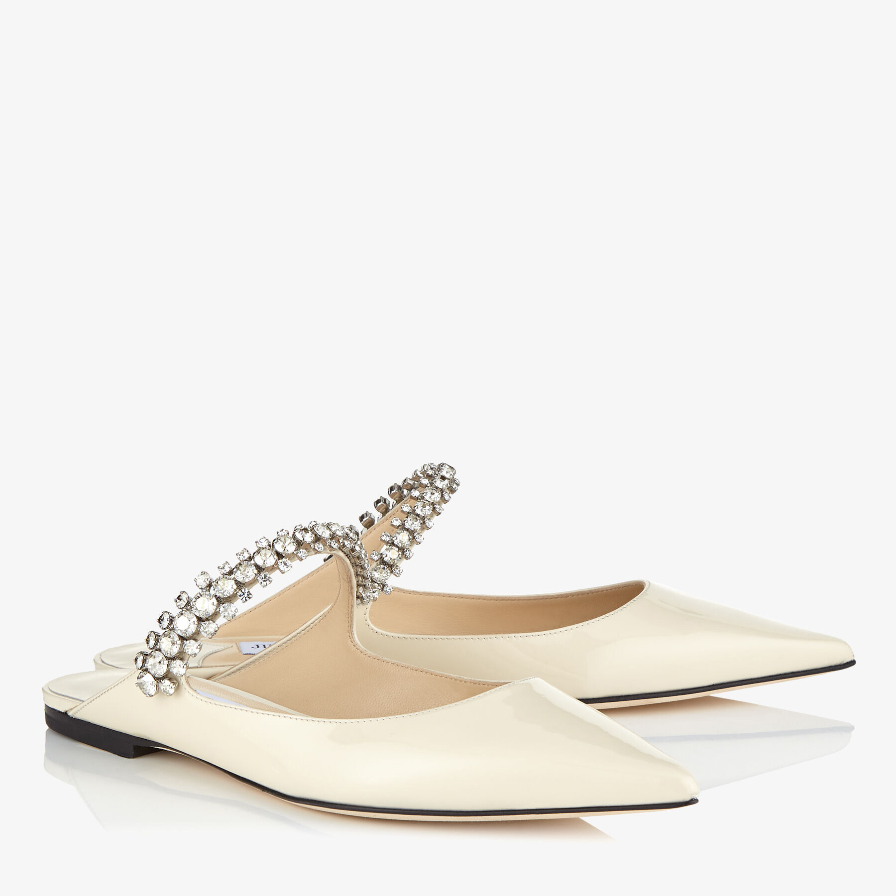 Bing Flat | Linen Patent Leather Mules with Crystal Strap | JIMMY CHOO